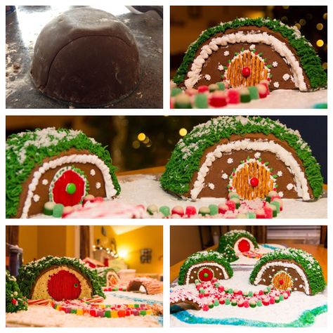 Have a very Hobbit Christmas! These hobbit hole gingerbread houses were super fun to make! We made several hobbit holes of the Shire including a bridge and stream :) Just bake your gingerbread dough on a glass Pyrex bowl. Make sure to cut out a section in front and bake it flat. It fits together nicely for the front door section. Hobbit Christmas, Hobbit Holes, Gingerbread House Ideas, Gingerbread Dough, Pyrex Bowl, Candy House, Hobbit Hole, Pyrex Bowls, Just Bake