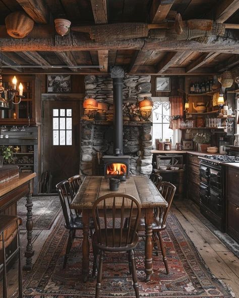 Very Nice 😍 | Instagram Cabin Style Kitchen, Cozy Cabin Kitchen, Rustic Cabin Interior, Kitchen With Fireplace, Ornate Chairs, Log Cabin Interior, Cabin Aesthetic, Kitchen Makeovers, Lakeside Cabin