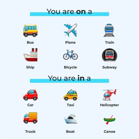 Transportation prepositions 🚗, how do we know which one to use? Easy, if you remember this simple rule 😉: If you must sit inside the vehicle💺, we use ‘in’. For example, we could be in a car, in a taxi or in a canoe. 🛶

If you can stand or walk🚶on the vehicle, then we use ‘on’. So we go on a ship, on a bus or on a plane. ✈️

Follow us for more grammar tips & tricks! 💯 Prepositions Of Transportation, Transportation Vocabulary, Grammar Anchor Charts, Preposition Activities, English Meaning, English Prepositions, Travel English, Esl Teaching Resources, Grammar Tips