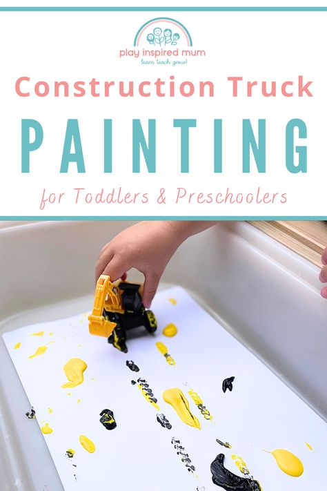 Toddler holding construction truck in yellow and black paint on white paper in a white plastic tub Dump Truck Activities For Preschool, Construction Theme Sensory Bin, Construction Truck Activities Preschool, Digger Activities, Construction Messy Play, Preschool Construction Theme Art, Construction Week Preschool Crafts, Eyfs Construction Activities, Construction Art For Preschool