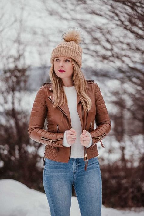 ...x Winter Biker Jacket, Leather Jacket For Women, Fashion Blogger Outfit, Snow Outfit, Blogger Outfits, Lambskin Leather Jacket, Leather Jacket Outfits, Real Leather Jacket, Club Wear