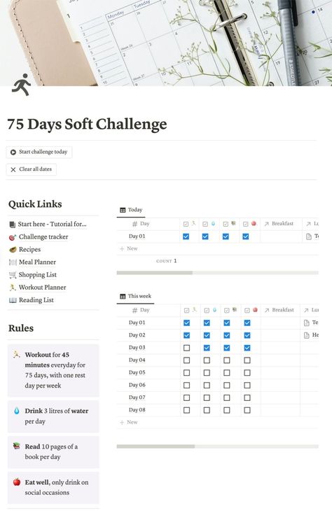 75 Days Soft Challenge Notion Template 75 Days Soft Challenge, Notion Board, Soft Challenge, Notion Inspo, Workout Template, Planner Minimal, Interactive Calendar, Weekly Planner Free Printable, Self Care Challenge