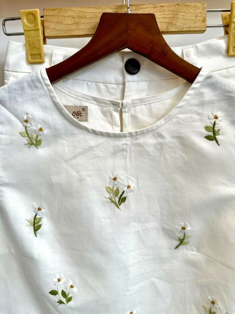 Handmade Embroidery Designs For Kurtis, Hand Embroidery Blouse Designs Simple, Simple Hand Embroidery Designs For Kurti, Hand Embroidery Kurti Designs, Simple Embroidery Designs For Kurti, Neck Embroidery Designs For Kurtis, Hand Embroidered Clothes, Wyse London, White Flower Embroidery