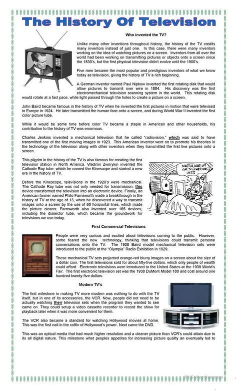 The History of TV - English ESL Worksheets for distance learning and physical classrooms Teaching Advertising, Theme Worksheet, Esl Grammar, History Of Television, English Stories For Kids, English Education, Comprehension Exercises, Reading Comprehension Lessons, Ielts Writing