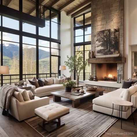 modern-rustic-living-room-tracy-svendsen-design-1 Cabin Luxury Interior, Home Decor Ideas Master Suite, Modern 2 Story Living Room, 12 Ft Vaulted Ceiling Living Room, Modern Bedroom Architecture, Modern Day Houses, Barndominium Ideas Interiors Boho, Moody Modern Farmhouse Kitchen, Vaulted Ceiling Living Room Modern