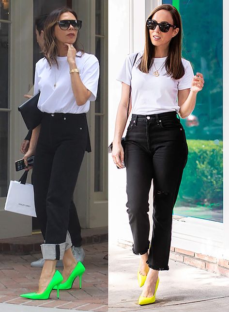 Sydne Style shows how to dress like Victoria Beckham in white tee black jeans and neon shoes #jeans #tee  #victoriabeckham #tshirt #blackjeans #neon #casualoutfits @sydnesummer Neon Yellow Shoes Outfit, Black And White Shoes Outfit, Neon Shoes Outfit, Neon Style Outfit, Colorful Shoes Outfit, Yellow Heels Outfit, Colorful Heels Outfit, Ropa Color Neon, White Casual Outfit