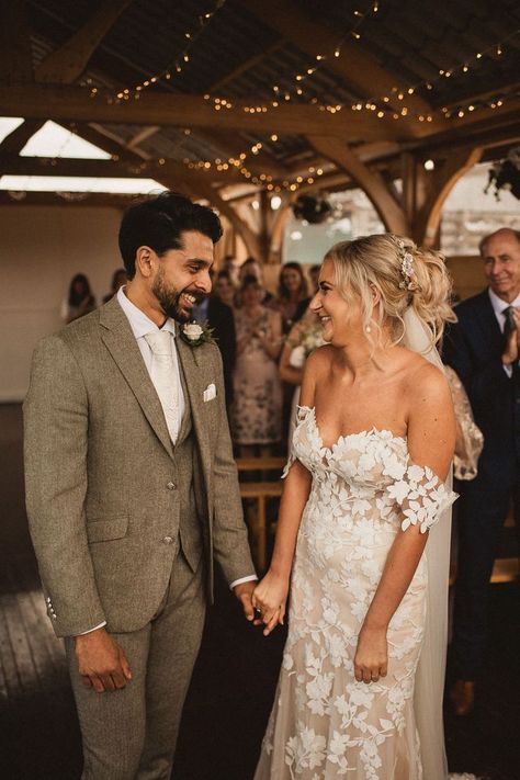 Groom in a green threepiece tweed suit and bride in a lasercut lace off the shoulder Enzoani wedding dress Country Groom Attire, Best Groom Suits, Groom Suit Tweed, Rustic Wedding Dresses Country, Enzoani Wedding Dress, Barn Wedding Ceremony, Rustic Wedding Suit, Rustic Wedding Groom, Barn Wedding Dress