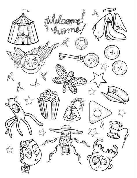 Cute Tim Burton Tattoos, Coraline Stencil Tattoo, Squid From Coraline Tattoo, Tim Burton Tattoo Coraline, Coraline Back Tattoo, Cool Coraline Tattoos, Movie Tattoo Flash Sheet, Ghost Tattoo Flash Sheet, Small Over The Garden Wall Tattoo