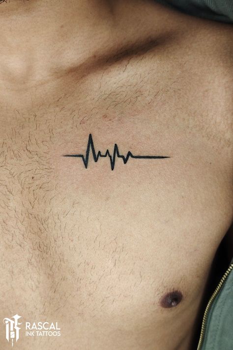 Minimalist Heartbeat Tattoo, Heart Tattoo For Men, Heart Tattoo Men, Heart Beat Tattoo Design, Tattoo Heart Beat, Heart Line Tattoo, Tatuaje Ekg, Chest Tats Men, Heartbeat Tattoo Ideas