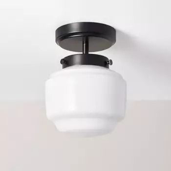 Hearth & Hand™ with Magnolia Home Renovation : Target Mini Flushmount Light, Milk Glass Lighting, Laundry Room Ceiling Light, Kitchen Flush Mount Lighting Ideas, Black Flush Mount Ceiling Lights, Bungalow Remodel, Black Flush Mount Light, Gold Light Fixture, California Bungalow