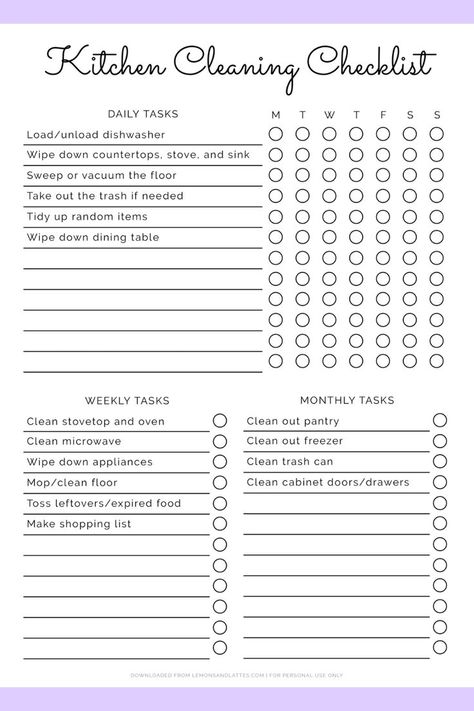 Stay organized with this free printable kitchen cleaning checklist. The template includes a section for daily, weekly, and monthly cleaning tasks. There's a Monday start version as well. Clean Shower Drain, Cleaning Checklist Daily, Bedroom Cleaning Checklist, Bedroom Checklist, Bathroom Cleaning Checklist, Kitchen Cleaning Checklist, Bedroom Cleaning, Free Printable Cleaning, Monthly Cleaning