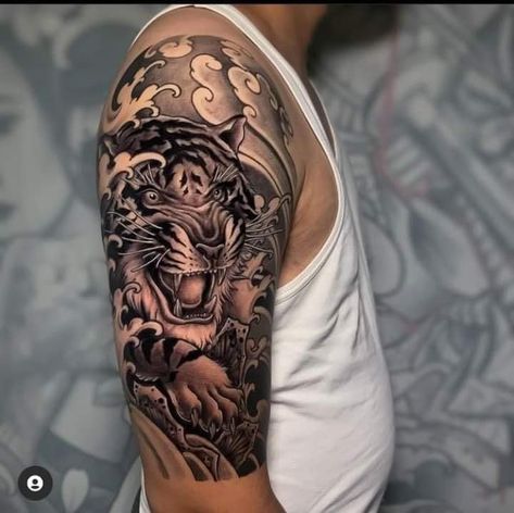 Japanese Animal Tattoo Design, Chinese Tiger Tattoo, Ronin Tattoo, Shoulder Armor Tattoo, Jack Tattoo, Japanese Tiger Tattoo, Tiger Tattoos, Ronin Samurai, Japanese Flower Tattoo