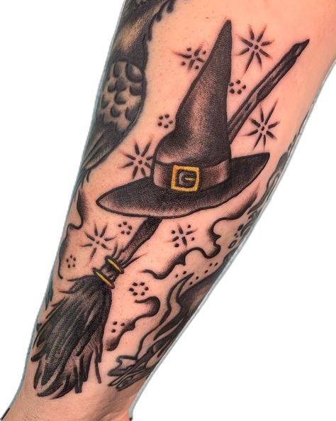 Broomstick Tattoo, Broom Tattoo, Hat Tattoo, Witch Broom, Witch Hat, Tattoos And Piercings, Tattoo Ideas, Piercings, Witch