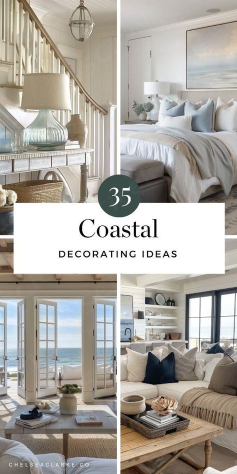 Get inspired by this big list of coastal home decorating ideas to style your home like a beach-side coastal cottage. Modern Coastal Open Plan Living, Cool Beach House Interiors, Coastal Home Decorating, Hamptons Decor Coastal Style, American Coastal Style, Florida Coastal Interior Design, House Coastal Style, Modern Costal Exteriors, Coastal Industrial Decor Living Room