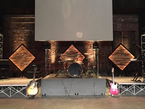 lite wood panels. in front of brick is even cooler. Brick Stage Design, Wood Stage, Church Stage Decor, Christmas Stage Design, Church Lobby, Church Stage Design Ideas, Stage Design Ideas, Church Interior Design, Church Backgrounds