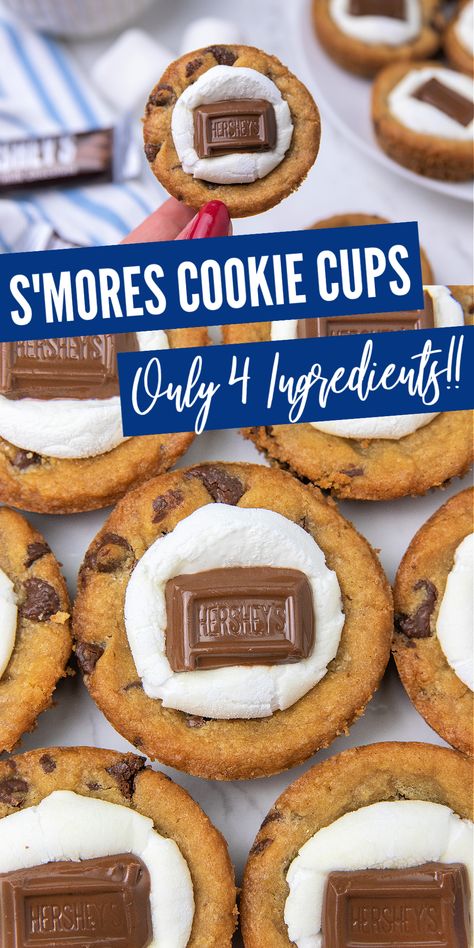 S'mores lovers! You NEED to try these 4-ingredient s'mores cookie cups! They are so easy to make and absolutely one of my favorite sweet treats. Smores Muffin Cups, Smores Cookies With Graham Crackers, Summer Camping Desserts, S’more Cookie Cups, S'mores Cups, Easy Camp Desserts, Desserts To Take Camping, Camping Treats For Kids, S’mores Goodie Bags