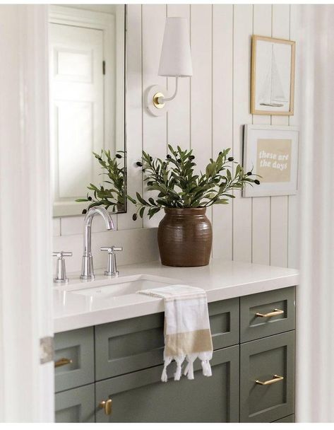 Looking to elevate your space? Check out these stylish bathroom decor ideas that will transform your bathroom into a luxurious oasis. From modern fixtures to chic accessories, these design tips will help you create the bathroom of your dreams. Bathroom Green Vanity Ideas, Green Cabinet Bathroom, Evergreen Bathroom, Soft Green Bathroom, Half Bath Diy, Green Cabinets Bathroom, Green Vanity Bathroom, Green Bath Vanity, Bath Diy