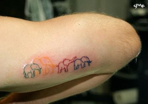 rainbow elephant tattoo: If I every had kids this might be a great family tattoo for each kid. Minus the yellow one which doesn't show up well. Elephants Tattoo, Elephant Family Tattoo, Tattoo Elephant, Colorful Elephant, Elephant Tattoo, Elephant Tattoos, Memo Boards, Elephant Family, Family Tattoos