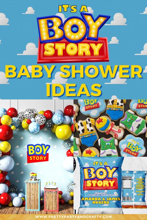 It's a Boy Story Baby Shower Ideas - Pretty Party & Crafty Baby Shower Games Toy Story, Boy Story Baby Shower Theme Centerpieces, Baby Shower Ideas Themes Boy, It’s A Boy Story Decor, Toy Story Baby Shower Ideas Decorations, Toy Story Themed Baby Shower (boy), Boy Story Baby Shower Cake, Baby Shower Toy Story Theme, Disney Boy Baby Shower Ideas