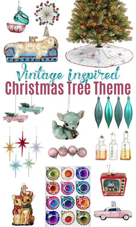 Mad Men Christmas, Retro Christmas Decorations 1950s, Gold Christmas Tree Theme, Retro Christmas Aesthetic, 1950s Christmas Tree, Vintage Christmas Ornaments 1950s, Vintage Inspired Christmas Tree, Christmas Tree Theme, 1960s Christmas