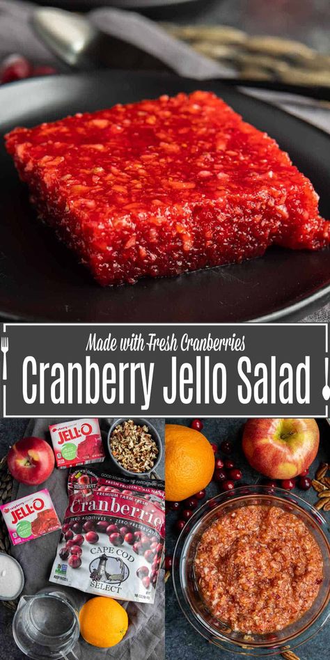 This easy Cranberry Jello Salad recipe makes an amazing Thanksgiving side dish recipe or Christmas side dish recipe. This was my grandma's favorite cranberry salad recipe made with pecans, orange, apple, fresh cranberries, and raspberry and cherry jello. Put it all in a mold for a delicious dessert for the holidays! Fresh Cranberry Salad, Cranberry Desserts, Cranberry Appetizer, Christmas Side Dish, Cranberry Jello Salad, Cranberry Salad Recipes, Christmas Side Dish Recipes, Cranberry Jello, Cranberry Dessert