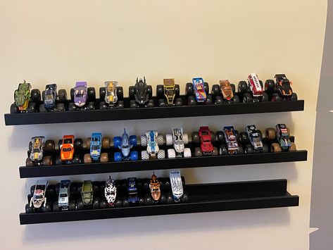 Monster Truck Display, Monster Truck Organization, Shelving For Model Cars, Monster Truck Shelf, Monster Truck Shelves, Monster Truck Organization Boy Rooms, Monster Truck Display Shelf, Monster Truck Toy Storage, Monster Truck Toy Organization