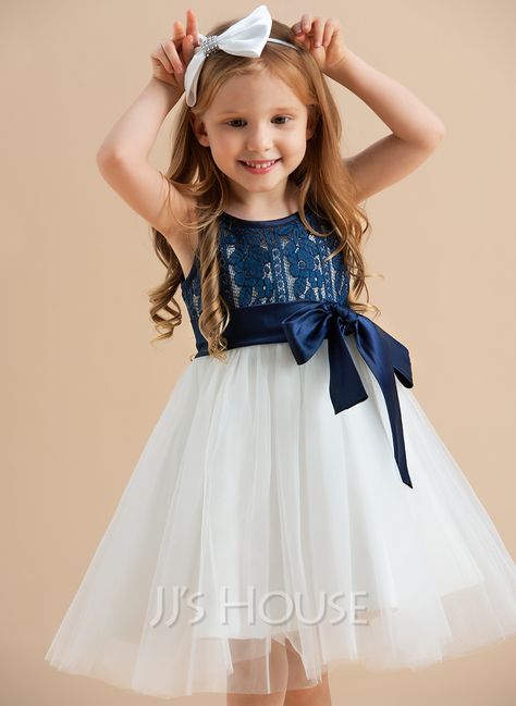 A-Line/Princess Knee-length Flower Girl Dress - Tulle/Lace Sleeveless Scoop Neck With Sash (010122617) - JJ's House Flower Girl Dresses Knee Length, Flower Girl Dresses Navy, Sleeveless Flower Girl Dresses, Girls Lace Dress, Girls Dresses Online, Tulle Flower Girl, Lace Beach Wedding Dress, Two Piece Homecoming Dress, Dress Tulle