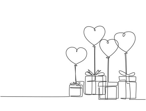 Birthday Line Drawing, Birthday Line Art, Balloon Line Art, Gift Box Drawing, Presents Drawing, Marriage Drawing, Gift Graphic Design, One Continuous Line Drawing, Present Drawing