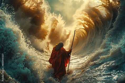 Biblical Moses splitting the red sea with his staff and creating a pathway to exodus Stock Photo | Adobe Stock Moses Red Sea, The Red Sea, America And Canada, Red Sea, Photo Illustration, Bahamas, Trinidad, Trinidad And Tobago, Jamaica