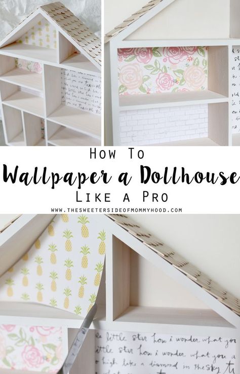 If you’ve got a dollhouse makeover in the works or are planning one for the holidays, you are probably attempting to wallpaper the little rooms. Am I right?! I hope so because “wallpaper” inside a dol Diy Dollhouse Inspiration, Maileg Dollhouse Wallpaper, Refinish Dollhouse, Dollhouse Walls Ideas, Plan Toys Dollhouse Makeover, Dollhouse Bedroom Diy, Dollhouse Diy Ideas 1:12, Diy Dollhouse Paint Ideas, Wood Dollhouse Makeover