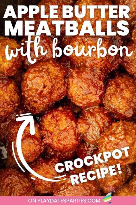 Crockpot Apple Butter Meatballs with Bourbon Halloween Fall Appetizers, Easy Fall Crockpot Appetizers, Game Day Food Sweets, Halloween Crockpot Food, Recipes With Apple Jelly, Appetizer Recipes For Fall, Crockpot Fall Appetizers, Fall Crockpot Appetizers For Party, Best Fall Appetizers For Parties