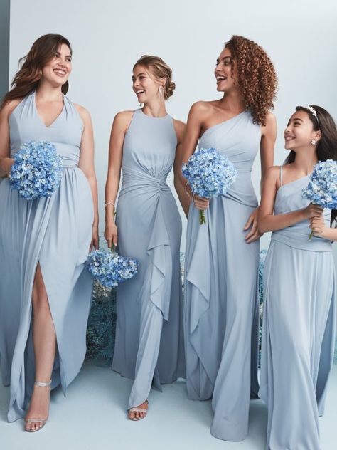 Dresses and Gowns Archives - David's Bridal Blog Vestidos Color Pastel, Dusty Blue Dress, Sky Blue Bridesmaid Dresses, Dusty Blue Bridesmaid Dresses, Bridesmaid Dress Colors, Wedding Dress Pictures, Bridesmaid Dresses Online, Muted Blue, Dress Chiffon