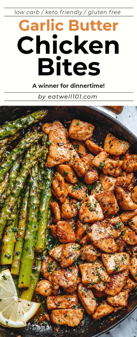 Garlic Butter Chicken Bites, Butter Chicken Bites, Chicken And Asparagus, Lemon Asparagus, Garlic Butter Chicken, Health Dinner, Läcker Mat, Chicken Bites, Keto Recipes Dinner