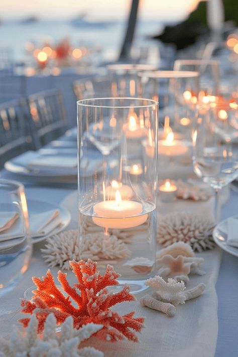 22 Stunning Beach Wedding Decor Ideas • Simple Beach Decor Wedding, Beach Style Wedding Decorations, Seashell Wedding Table Decor, Wedding Water Theme, Beach Themed Rehearsal Dinner Ideas, Sand Centerpieces Wedding, Wedding Beach Decorations, Beachy Wedding Table Decor, Beach Boho Wedding Decor