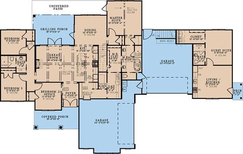 single story, garage in between. Needs a second room on in-law side, longer primary Floor Plan With In Law Suite, House Plan With Mother In Law Suite, Multigenerational House Plans In Laws One Story, Connecting Houses, House Plans With In Law Suite One Story, Multigenerational House Plans In Laws, Multi Generational House Plans, Multigenerational House Plans, Multigenerational House