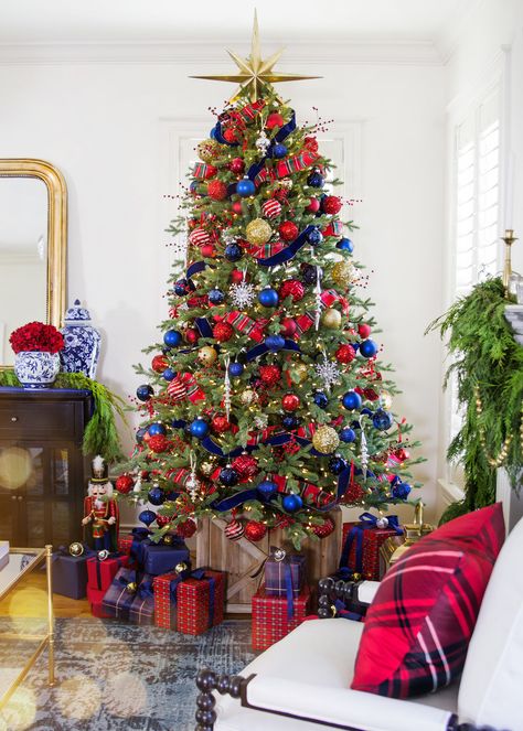 Christmas 2017 — Jonathan Stiers Blue Christmas Tree Decorations, Blue Christmas Decor, Tree Themes, Patriotic Christmas, Blue Christmas Tree, Farmhouse Christmas Tree, Traditional Christmas Tree, Christmas Tree Inspiration, Red Christmas Tree