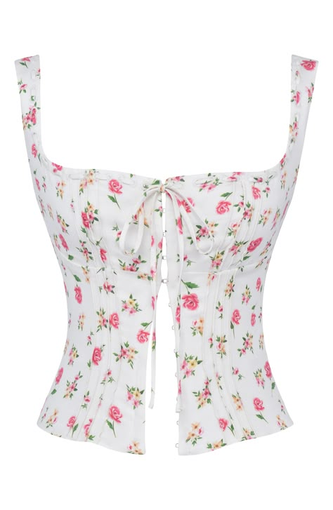 This corset-inspired top features soft linen-kissed yarns and hook-and-eye closures down the front. Exclusive retailer Square neck Lined 82% lyocell, 18% linen Dry clean Imported Square Neck Corset Top, How To Have Style, Cute Mini Skirt, Neck Corset, Foto Casual, Pretty Top, Vintage Fits, House Of Cb, Rose Print