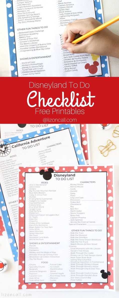 Disneyland and California Adventure to do lists, free printables List Of Disneyland Rides 2023, Disneyland Budget Worksheet, Disneyland Free Printables, Disneyland Planner Printables Free, Disneyland Planning Printables, Disneyland Ride List 2023, Disneyland Planning Printables Free, Disneyland Bucket List, Disneyland Countdown Ideas