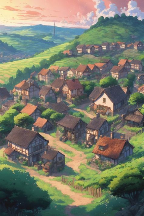 Tranquil Village Scene Check more: https://paintlyx.com/tranquil-village-scene/ Magical Village Aesthetic, Village Drawing Landscapes, Fantasy Village Concept Art, Village In Forest, Fantasy House Concept Art, Anime Village, Dream Scapes, Buildings Reference, Elf Village