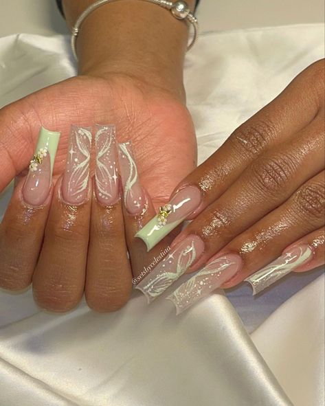 Quince Nails, Quinceanera Nails, Quartz Nails, Green Acrylic Nails, Girly Acrylic Nails, French Acrylic Nails, Unique Acrylic Nails, Long Square Acrylic Nails, Acrylic Nails Coffin Short