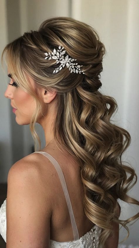 Simple Sophistication: 15 Half Up Half Down Wedding Hairstyles for Every Style - Inspire Inlet Bridal Hair Half Up Medium Length, Hair Bridesmaids, Glamorous Wedding Hair, Bridal Hair Half Up, Intricate Braids, Long Bridal Hair, Hairstyles For Brides, Half Up Wedding Hair, Wedding Hair Half