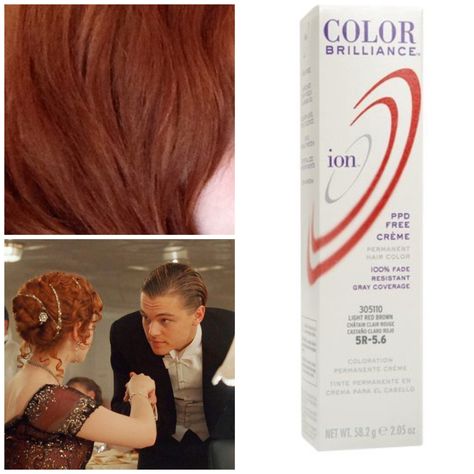 How to get Rose's hair color from Titanic: I started with medium brown hair. I get all supplies from Sally's beauty supply.  1. Mix quick white powder bleach with 10 volume cream developer. 2. Apply bleach to ends first.Bleach hair until it is almost blonde (I usually stop when it is light orange). 3. Rise and dry hair. 4. Mix Ion permanent hair color in shade 5R 5.6 light red brown with 10 volume developer and apply to roots first. Ion Ginger Hair Color, Blonde Roots Brown Ends, Cooper Orange Hair, Rose Dawson Hair Color, Neutral Tone Red Hair, How To Lighten Red Dyed Hair, Rose Titanic Hair Color, Rose Titanic Hair, Copper Hair Sally Beauty