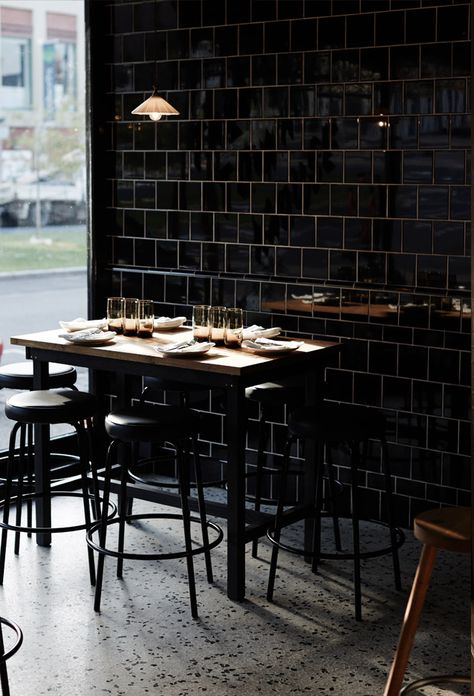 The Town Mouse / Melbourne Retro Ceiling Lights, Tiled Wall, Retro Cafe, Black Tile, Tiles Floor, Shop Front Signage, Black Tiles, Vintage Interiors, Cafe Shop