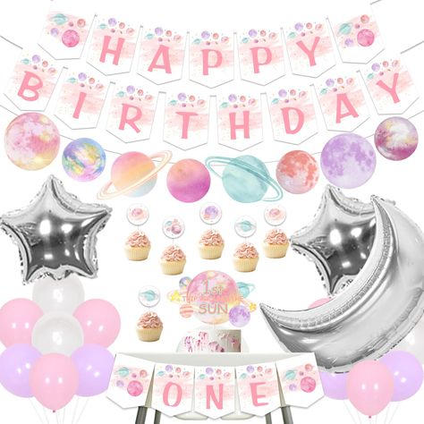 Sun Birthday Decorations, Happy Birthday Garland, Space Banner, Sun Birthday, Pink Space, First Trip Around The Sun, Birthday Garland, Space Birthday Party, Girl Birthday Decorations