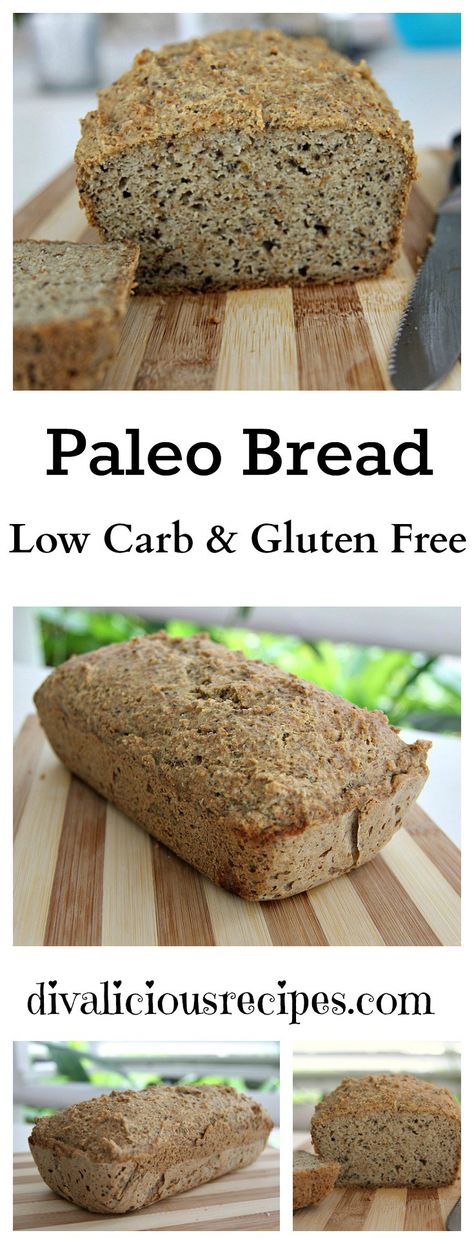 Paleo Bread [1 ½ cups (144g) almond flour, 1/4 cup (28g) coconut flour, 1/4 cup (42g) ground flaxseed flour, 2 tbl psyllium husk powder, 1 ½ tbl baking powder, 2 tbl (20g) chia seeds, 1/4 tsp salt Mix all. Add 5 eggs, then 1/4 cup olive oil (or coconut oil), then 2 tbl apple cider vinegar, then 1/2 cup boiling water 350,45m] Easy Paleo Bread, Paleo Sandwich Bread, Grain Free Bread Recipe, Paleo Sandwich, Sugar Free Bread, Paleo Bread Recipe, Low Carb Pancake Recipe, Gluten Free Sandwich Bread, Make A Sandwich