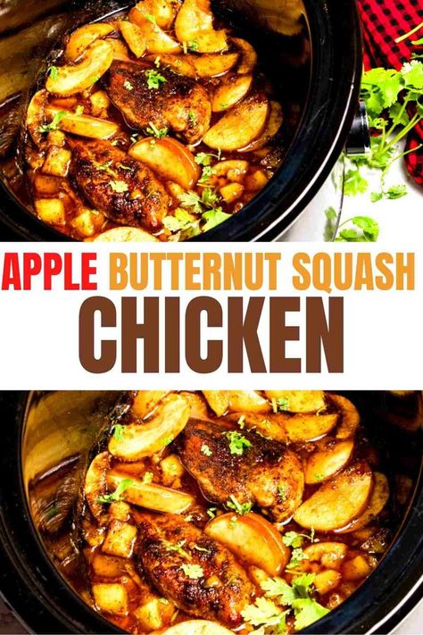 Apple Butternut Squash Chicken in Crockpot Crockpot Recipes Butternut Squash, Butternut Squash Crockpot Recipes, Healthy Fall Crockpot Recipes, Chicken And Butternut Squash Recipes, Butternut Squash Crockpot, Apple Crockpot Recipes, Apple Chicken Recipes, Butternut Squash Dinner, Chicken In Crockpot