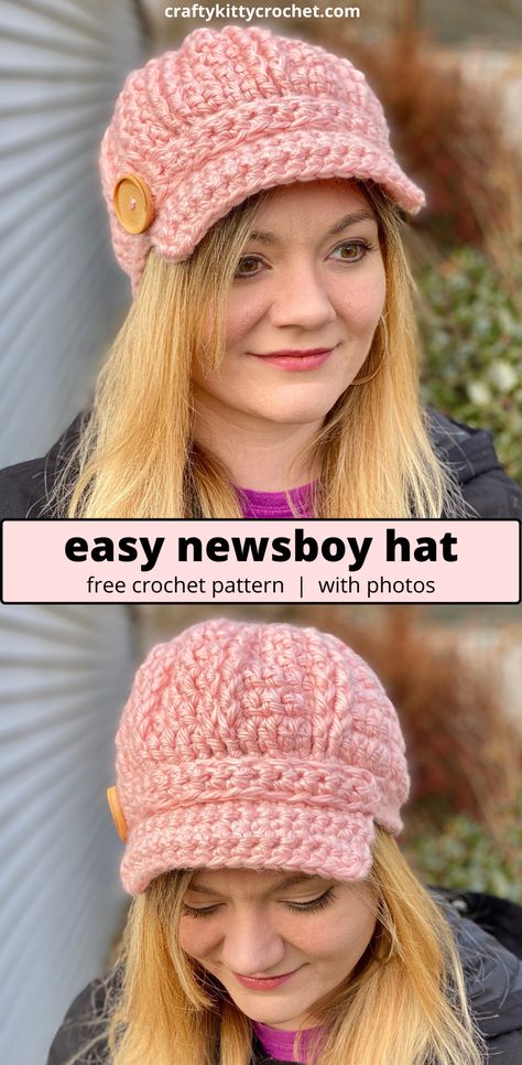 Capitol Couture Newsboy Hat - Crochet Pattern ~ Crafty Kitty Crochet Capitol Couture, Crochet Newsboy Hat, Crochet Hat With Brim, Easy Crochet Hat, Chunky Hat, Crochet Hat Free, Bonnet Crochet, Crochet Beanie Hat, Crochet Beanie Pattern