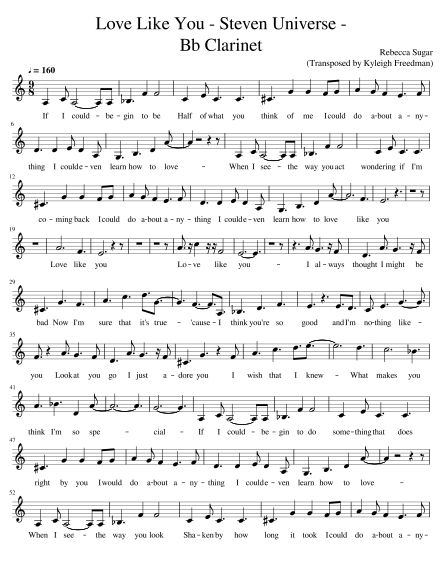 Love Like You - Bb clarinet sheet - Steven Universe - Rebecca Sugar (transposed by Kyleigh Freedman) - Clarinet sheets on Musescore.com Music Sheets For Clarinet, Clarinet Sheet Music With Letters, Clairent Sheet Music, Fun Clarinet Sheet Music, Love Like You Steven Universe, Clarinet Music Sheets, Clarinet Sheet Music Easy, Clarinet Tips, B Flat Clarinet Sheet Music