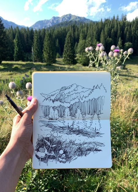 Linescapes Online Drawing Courses Drawing Sketches Nature, How To Sketch A Landscape, Drawing Landscapes Tutorial, Marker Landscape Drawing, How To Draw Landscape, Vegetation Architecture, How To Draw Mountains, Lil Sketches, Drawing Outside