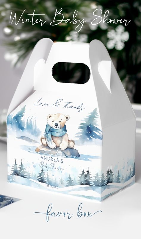 Polar bear winter bearly wait baby shower favor box cute teddy bear with a scarf blue pines baby boy Polar Bear Baby Shower, Ice Rock, Bear Baby Shower Theme, Baby Shower Table Decorations, Winter Wonderland Baby Shower, Baby Boy Shower Favors, Shower Table, Bearly Wait, Christmas Baby Shower